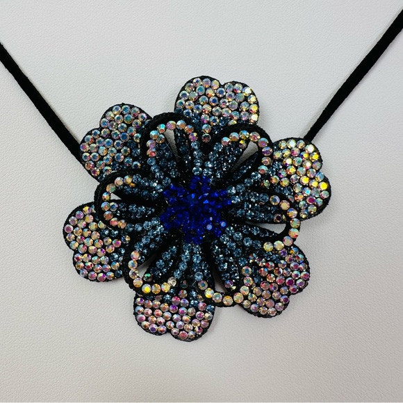 New Rhinestone Flower Cobalt Blue Necklace Choker - Picture 11 of 14